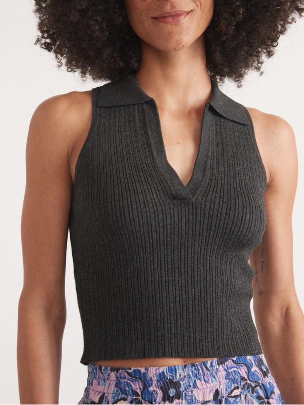 Marine Layer Amelia Ribbed Polo Collared V Neck Sleeveless Charcoal Gray Size XL